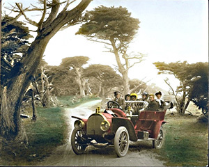 Touring car on 17 Mile Drive, hand colored by Mr. Pat Hathaway  Copyright©1996 California Views